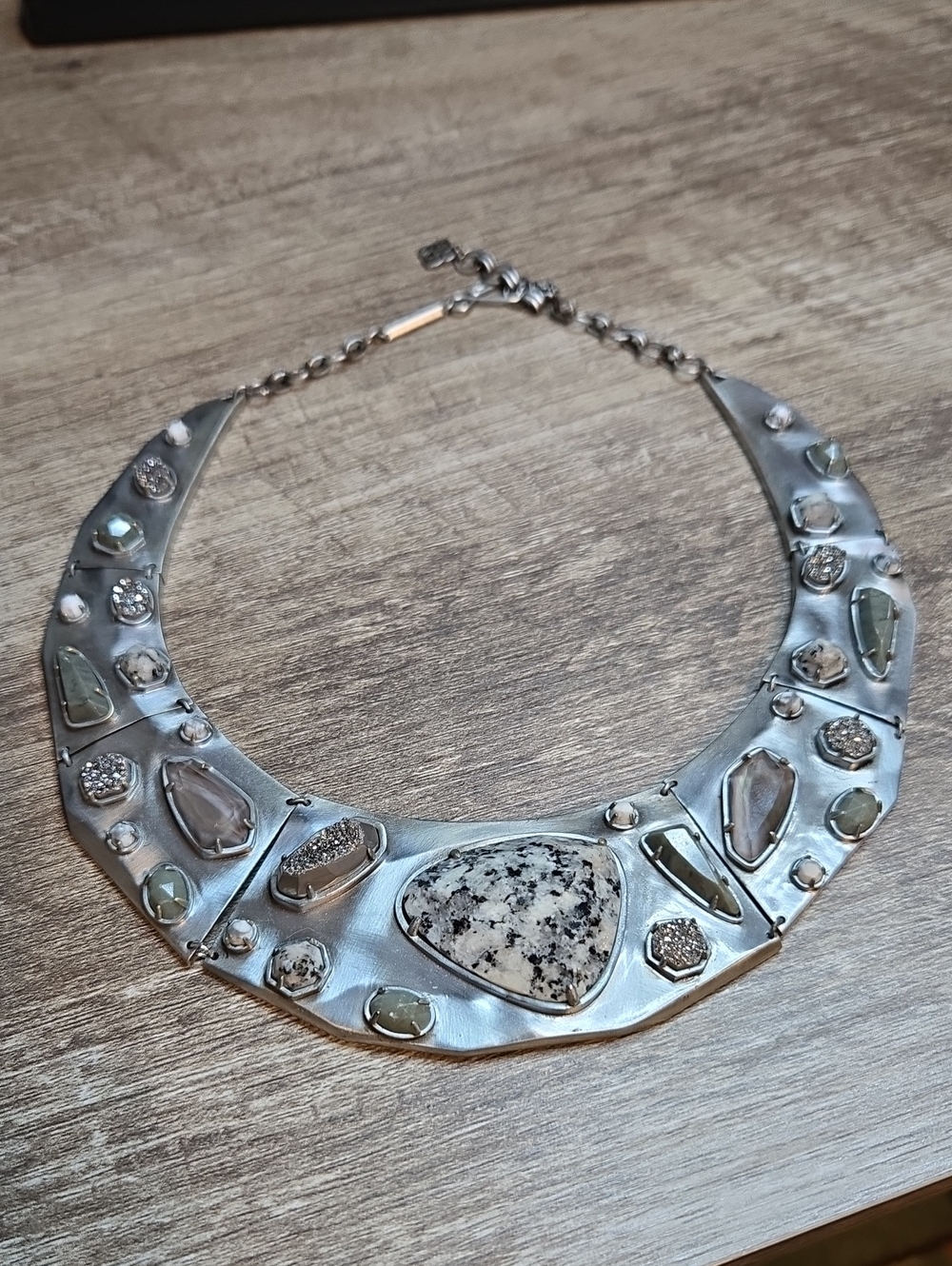 RARE Kendra Scott Mira Collar Statement Necklace Antique Silver Granite Drusy